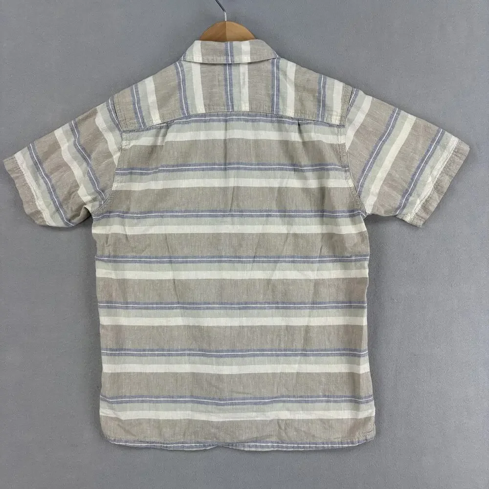 Patagonia Back Step Shirt Small Beige Stripe Short Sleeve Button Up Hemp Cotton - Picture 7 of 10